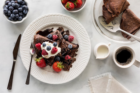Delicious chocolate crepes topped with whipped cream and fresh berries.の写真素材