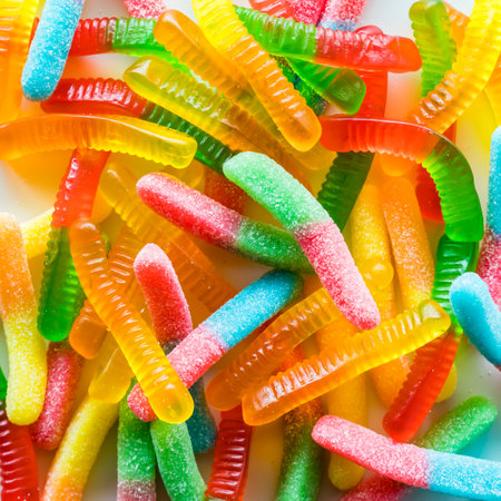 Bright colourful gummy worms in a pile.の写真素材