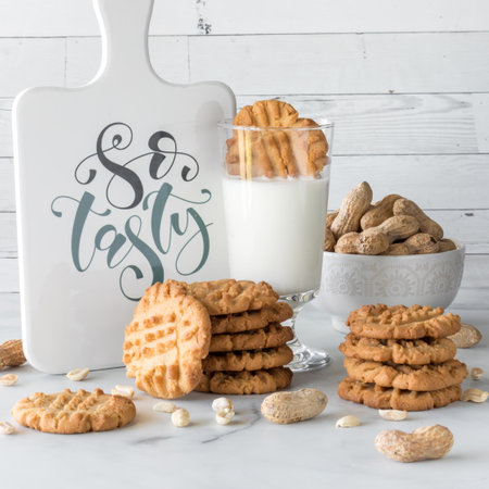 Stacks of tasty peanut butter cookies with one dipped in a glass of milk.の写真素材