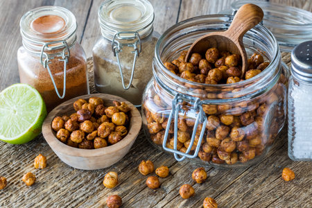 Containers of homemade roasted spicy chick peas surrounded by ingredients.の写真素材