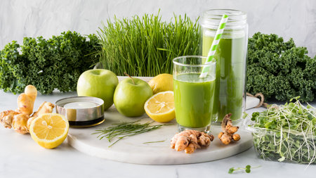 Narrow view of a collection of ingredients used to make a healthy green juice.の写真素材