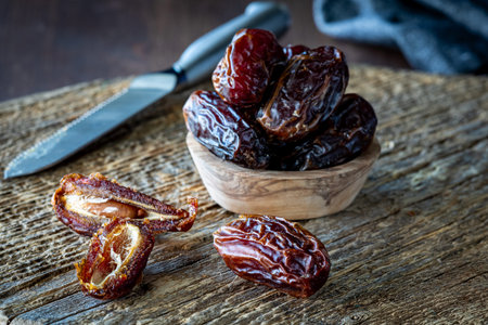 Medjool dates on a rustic cutting board with a knife in behind.