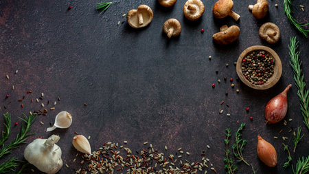 Raw ingredients in a border with copy space.の写真素材