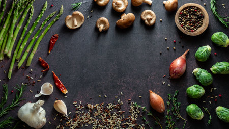 Groups of healthy foods for cooking dinner against a dark background.の写真素材