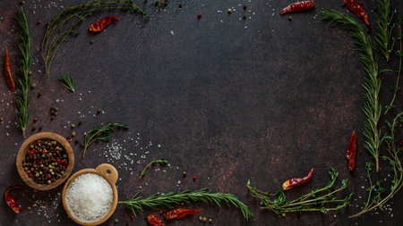 Above view of seasoning ingredients including herbs, rock salt and peppercorns.