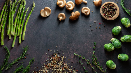 An assortment of ingredients used to make a meal with copy space.の写真素材