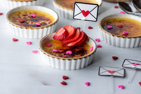 Fluted ramekins filled with delicious homemade Creme Brulee for Valentines Day.の写真素材