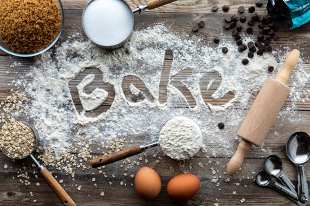 A baking concept background with various ingredients for baking cookies.の写真素材