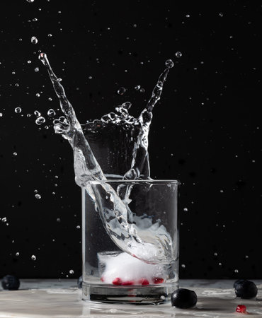 A glass of water with a pomegranate infused ice cube dropped in causing splash.の写真素材