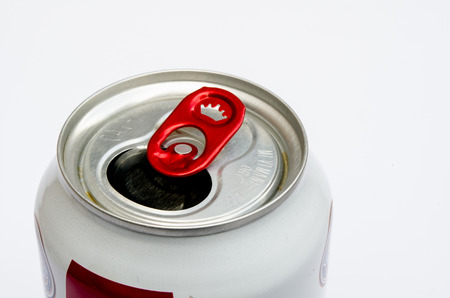 part of empty aluminum can with red opened isolate on white backgroundの写真素材