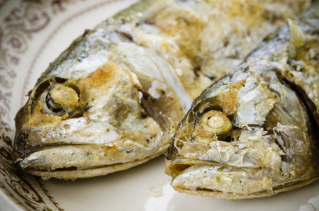 Part of Fried indian mackerel in ceramic dishの写真素材