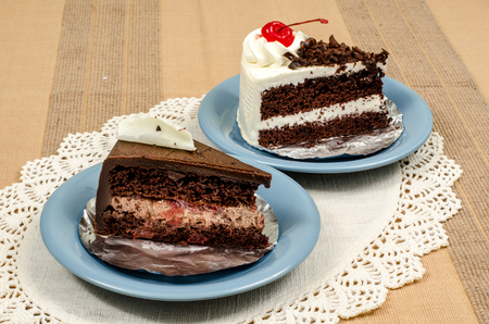 Image of chocolate cake in ceramic dish on   fabricの写真素材