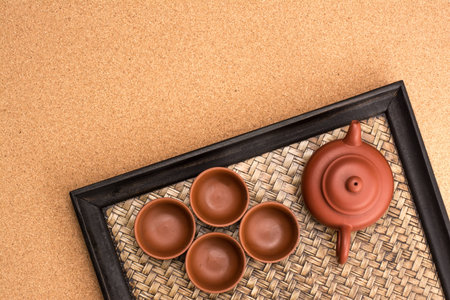 Image of Chinese tea set on cork backgroundの写真素材