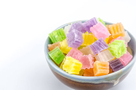 Thai dessert crispy jelly in ceramic bowl on white backgroundの写真素材