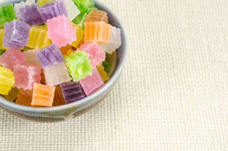 Thai dessert crispy jelly in ceramic bowl on fabricの写真素材