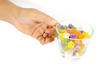 Image of Thai dessert crispy jelly in glass cup on white backgroundの写真素材