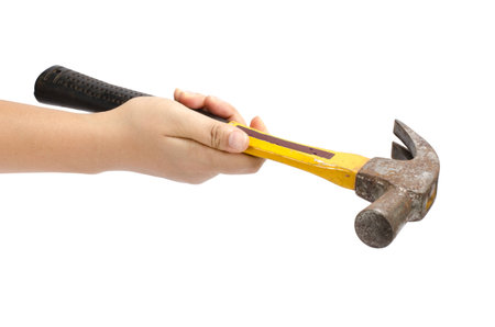 Image of hand hold hammer on white backgroundの写真素材