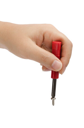 image of hand holding screw driver isolate on white backgroundの写真素材