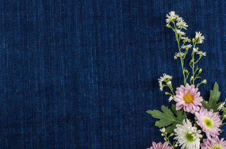 Image of flowers on deep blue fabric backgroundの写真素材