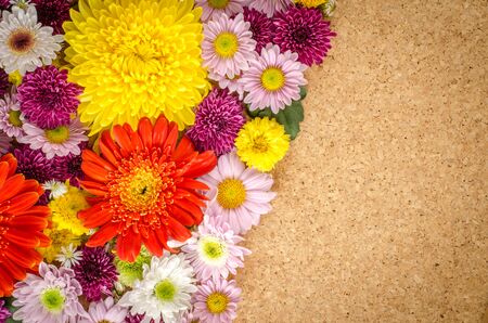Image of full color flowers on brown cork backgroundの写真素材
