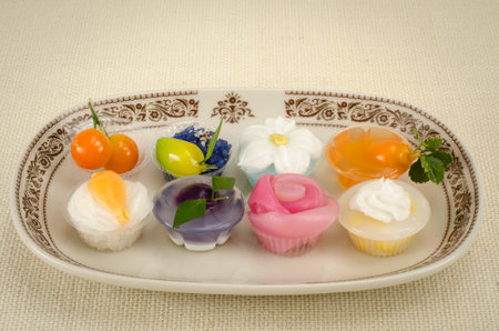 Image of Thai dessert in ceramic dish on brown sack backgroundの写真素材