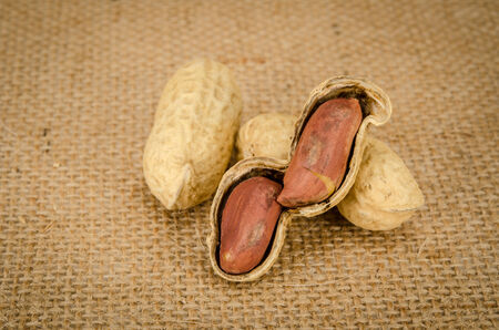 Close up image of Roasted peanuts on brown sack backgroundの写真素材