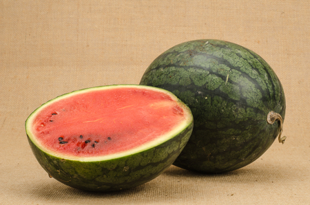 Image of water melon on brown sack backgroundの写真素材