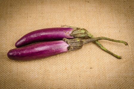 Image of eggplant on brown sack backgroundの写真素材
