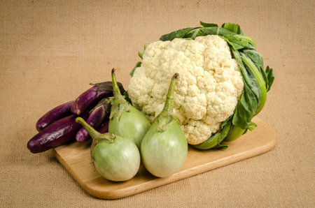 Image of eggplant on brown sack backgroundの写真素材