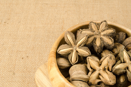 Image of sacha inchi peanut seed in wooden bowl on brown sack backgroundの写真素材