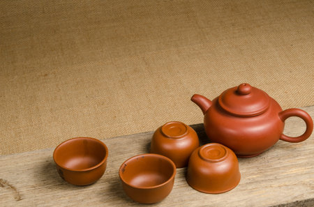 Image of tea set on brown sack backgroundの写真素材