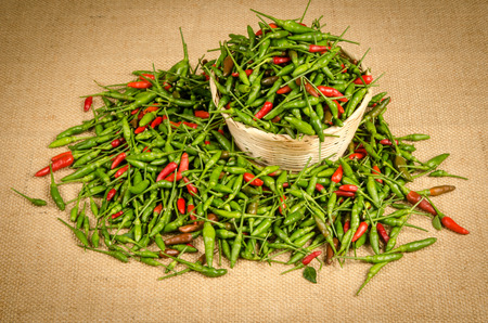 Green and red Thai chili peppersの写真素材