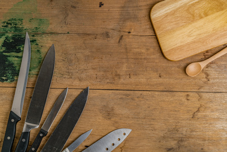 Top view of Kitchen ware utensils on wooden deskの写真素材