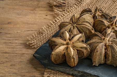 Image of sacha inchi peanut seed on brown sack backgroundの写真素材