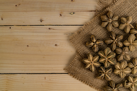 Flat lay of sacha inchi peanut seed on brown sackの写真素材