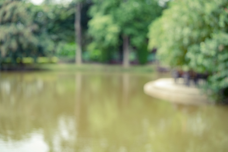 Abstract nature green trees with green lake in the park blurred for background usageの写真素材
