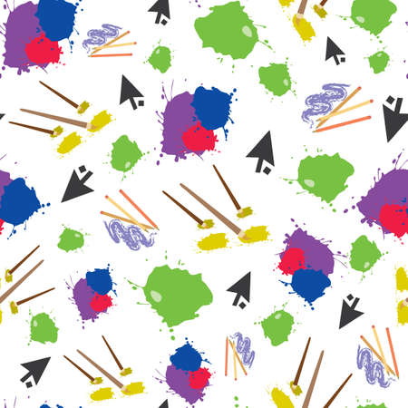 Vector White with Paint, Pencils and Digital Arrows seamless pattern background from Create Art Collection. Scattered modern repeat pattern tile featuring art media good for stationery and packaging.のイラスト素材