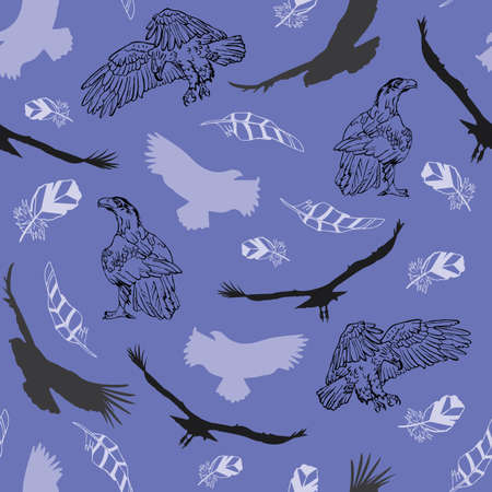 Line Art Eagles and Feathers on Blue seamless pattern backgroundのイラスト素材