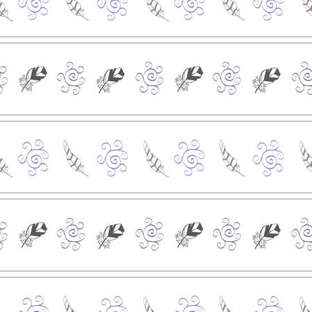 White Boho Style Stripe and Feather seamless pattern backgroundのイラスト素材