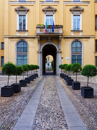Italian building facade in spring, Milan, Italyの写真素材