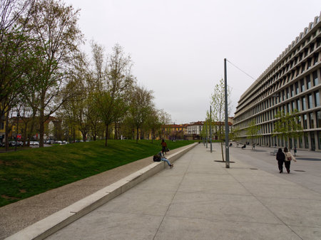 City passage for pedestrians in downtown district, Milan, Italyの写真素材