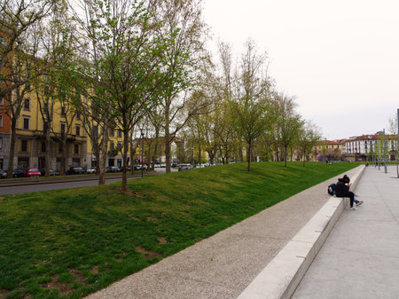 City passage for pedestrians in downtown district, Milan, Italyの写真素材