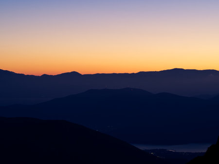 Mountain range landscape in dusk colors, Greeceの写真素材