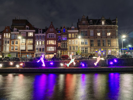 Light festival at night, Amsterdam, Netherlandsの写真素材