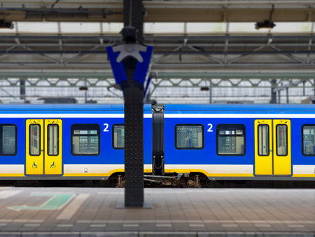Train view indoors in Central railway station, Amsterdam, Netherlandsの写真素材