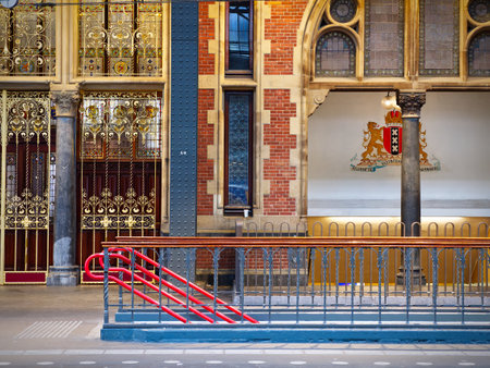 Central Railway Station interior with staircase, Amsterdam, Netherlandsの写真素材