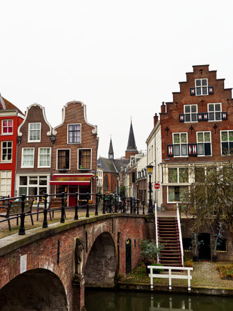 Bridge and canal view in cloudy day, Utrecht, Netherlandsの写真素材