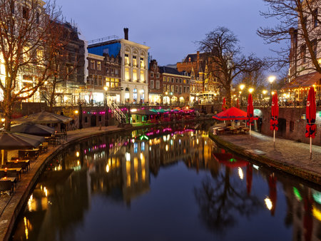 Beautiful canals cityscape in cloudy winter evening, Utrecht, Netherlandsの写真素材