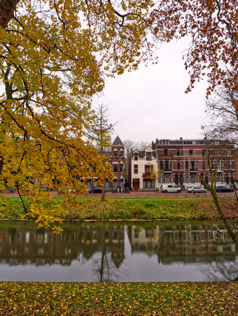 Autumn reflections and canals cityscape, Utrecht, Netherlandsの写真素材