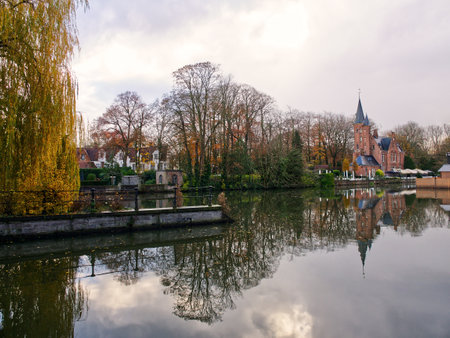 Lake of Love in medieval city of Bruges, Belgiumの写真素材
